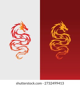Logos de dragón estilizados en tonos rojos y naranjas sobre fondos blancos y rojos