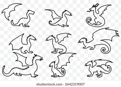 Stylized dragon silhouette icon set in curved forms eps 10