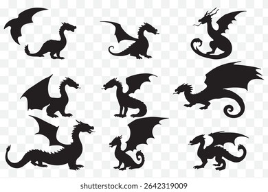 Stylized dragon silhouette icon set in curved forms eps 10