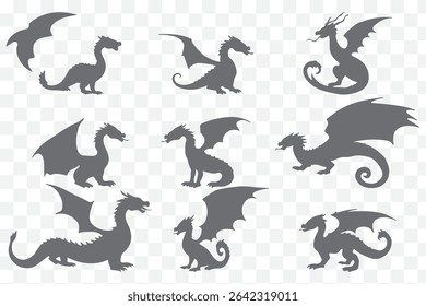 Stylized dragon silhouette icon set in curved forms eps 10