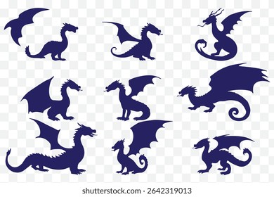 Stylized dragon silhouette icon set in curved forms eps 10