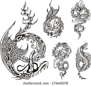 Stylized dragon tattoos. Set of black and white vector illustrations.