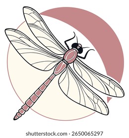 A stylized dragonfly illustration featuring a soft color palette with pink and cream tones against a circular background.