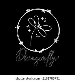 A stylized dragonfly in a round floral frame, hand-drawn. Logo. Hand-drawn inscription. Vector. Single line drawing. Black and white image. Dragonfly. Insect. Suitable for posters, stickers.