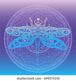 Stylized dragonfly with swirly wings design and human eyes on its wings framed with floral mandala on gradient background Totem animal spirit Hand drawn fantasy design for tattoo, fabric, poster print