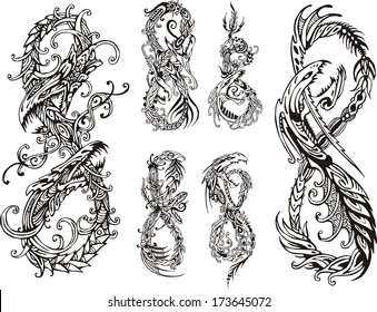 Stylized dragons as digit eight. Set of black and white vector illustrations.