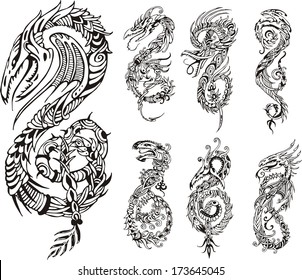 Stylized dragons. Set of black and white vector illustrations.