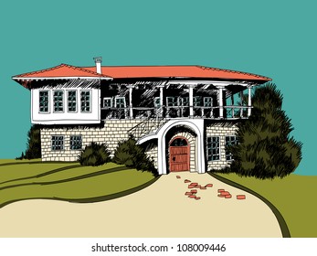 Stylized drawing of big mediterranean villa with terrace and arched door in rural landscape