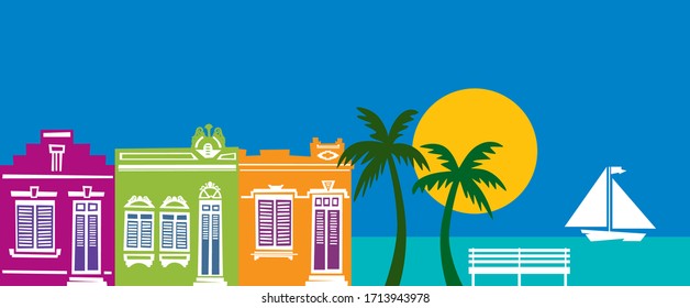 Dibujo estilizado de arquitectura caribeña.