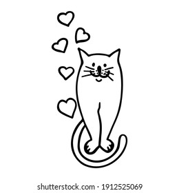 Stylized drawing of a cat in love. Cute vector illustration for valentine's day.