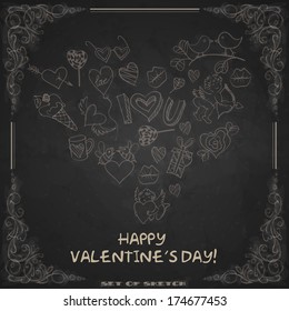 Stylized Drawing With Chalk On Blackboard. Valentines Day Symbol's. Vector Illustration. Eps 10