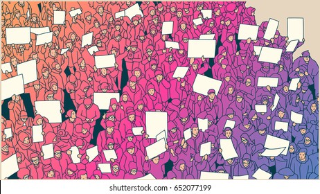 Stylized drawing of crowd protesting for human rights in color