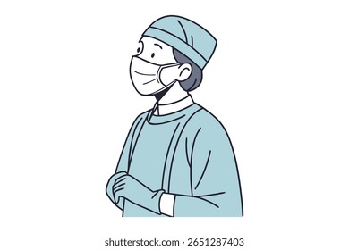 A stylized drawing depicts a healthcare worker in protective gear, including a light blue surgical cap, face mask, gown, and gloves, with their arms crossed.