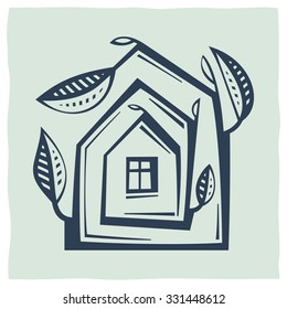 Stylized drawing expressing the environmental idea, the concept of ecology, safety, security. Icon of house and tree