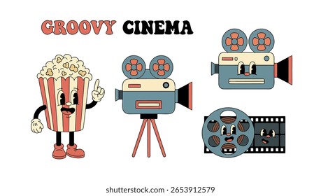 Desenho estilizado com personagens relacionados a filmes. Pipoca antropomórfica, câmera de filme vintage e pôster de filme groovy em negrito, estilo retro colorido.