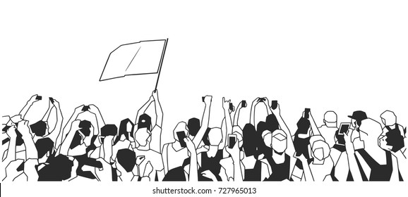 Stylized drawing of festival crowd at concert cheering and recording with blank flag in black and white