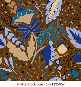 Stylized drawing in folk style for printing on fabric, brown background,blue and baige colors