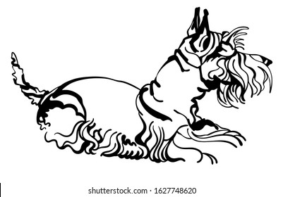 Stylized drawing of giant schnauzer dog. Fluffy home pet.  Breeding animals. Simple elegant ink sketch for logo design. Black and white, isolated. Vector stock illustration.