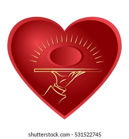 A stylized drawing hands the waiter with a tray and a glow on an element in the form of a stylized heart. Eps-8.