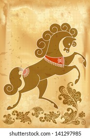 A stylized drawing of a horse on an old paper.