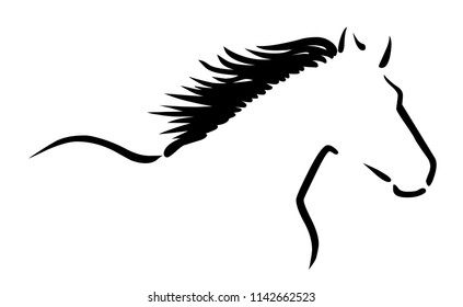 Stylized drawing of a horse with wavy mane, black and white, vector