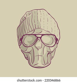 Stylized drawing of a human skull in ironic trendy glasses and knitted hat. Linear drawing with stroked shades. EPS8 vector illustration.