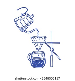 A stylized drawing illustrating the intricate coffee brewing process using various pourover techniques