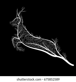 Stylized drawing of a jumping deer; Bushes, branches and leaves for used for wallpaper; printing on the packaging paper; textiles.