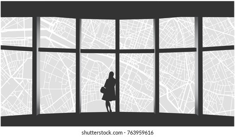 Stylized drawing of lonely woman looking at cityscape from highrise window