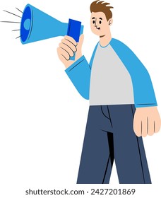 Stylized drawing of man holding loudspeaker in hand - isolated on white background. Vector illustration.