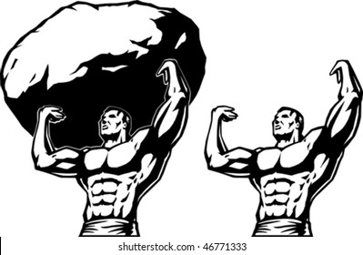 Stylized drawing of a man lifting a rock.