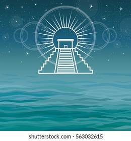 Stylized drawing of the Mexican pyramid. Esoteric symbol. A background - a sea landscape, the night star sky. Vector illustration. The place for the text.