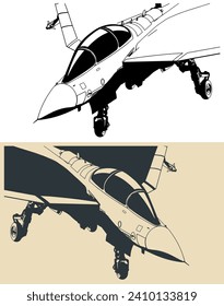 Stylized drawing of a modern light carrier-based military jet close up