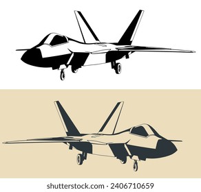 Stylized drawing of a modern military aircraft F-22 Raptor. Stealth fighter jet