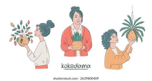 Stylized drawing of multiracial women misting a kokedama moss balls with fern, aloe succulent and tradescancia. Sustainable indoor gardening trends. Isolated illustration