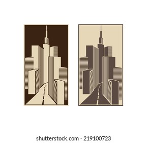 stylized drawing on the theme of downtown in a few color options