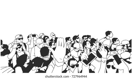 Stylized drawing of party crowd in black and white