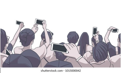 Stylized Drawing Of Party Crowd At Concert Cheering And Recording In Color