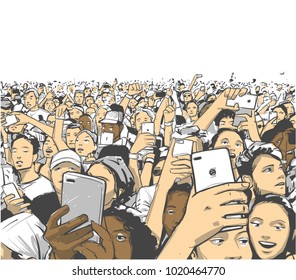 Stylized drawing of party crowd at concert cheering and recording in color