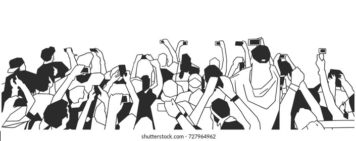 Stylized drawing of party crowd at concert cheering and recording in black and white