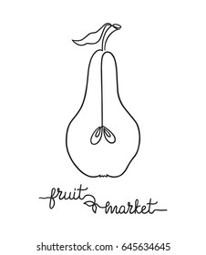 Stylized drawing of pear in one continuous line and Fruit market hand lettering