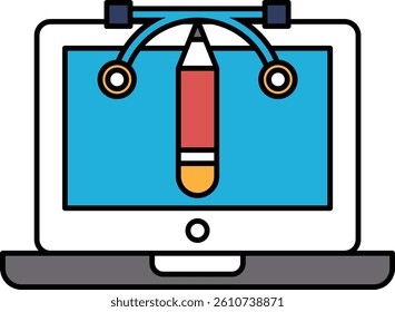A stylized drawing of a pencil with a red tip and a blue background. The pencil is positioned in the center of the image, with the red tip extending outwards and the blue background surrounding it