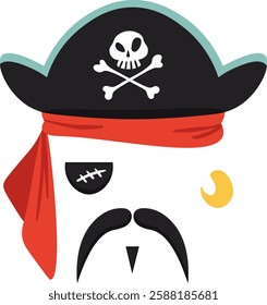 Stylized drawing of a pirate face, wearing a black hat with skull and crossbones, red bandana, mustache, black eye patch and golden earring