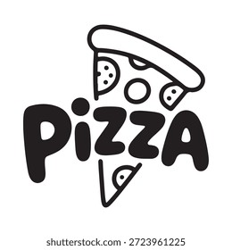 A stylized drawing of a pizza slice and the word pizza in bold lettering