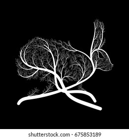 Stylized drawing of a running hare; Bushes, branches and leaves for used for wallpaper; printing on the packaging paper; textiles.