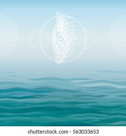 Stylized drawing of a sea larva. Background - a sea landscape. Vector illustration. The place for the text.