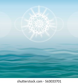 Stylized drawing of a sea larva. Background - a sea landscape. Vector illustration. The place for the text.