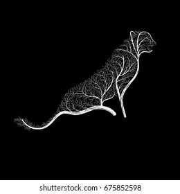 Stylized drawing of a sitting leopard; Bushes, branches and leaves for used for wallpaper; printing on the packaging paper; textiles.