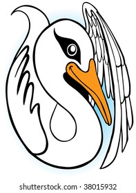 Stylized drawing of a swan floating on the water looking towards the sky.