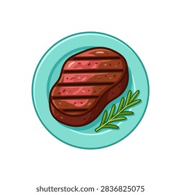 A stylized drawing of a thick, seared beef steak with dark grill marks, accompanied by a fresh green herb garnish on a simple circular plate